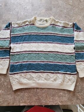 VTG 90s 3D Raised Knit Men's Crewneck Striped Knit Sweater Coogi Style